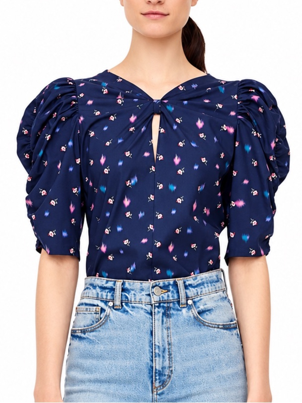Rebecca Taylor Navy Floral Puff Sleeve Top Romantic Feminine Size 4